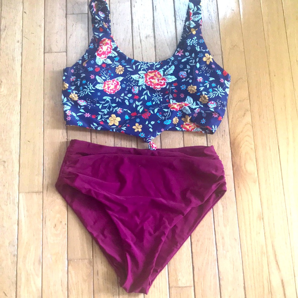 Floral Navy & Burgundy high waisted Two-Piece Swim Set